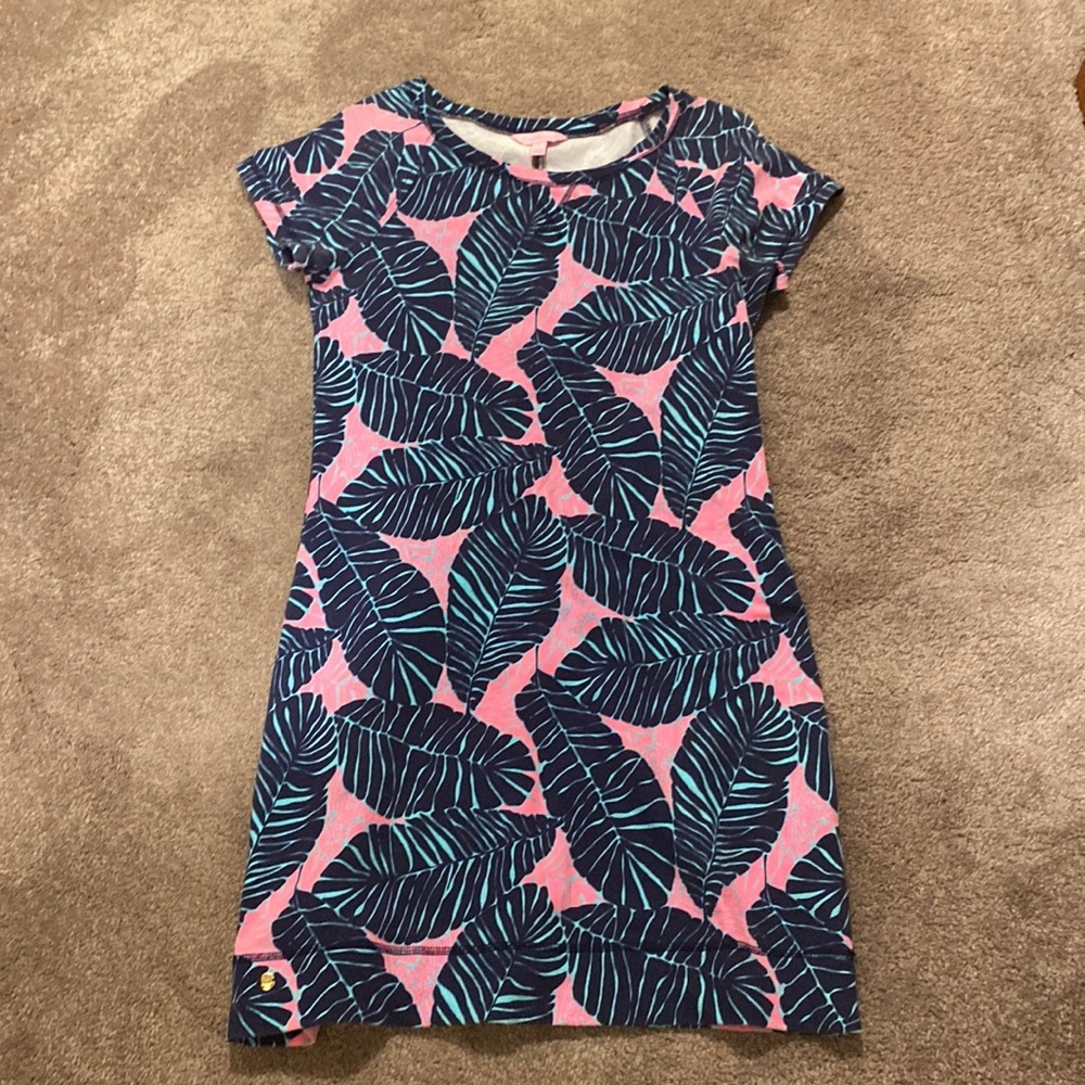 Lilly Pulitzer Pink & Navy Tropical Stretchy Palm Leaf T-Shirt Dress SIZE S